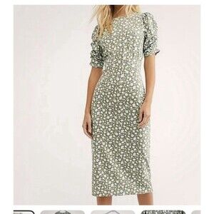 Free People Rosie Green White Floral Print Puff Sleeve Knit Midi Dress Size XS